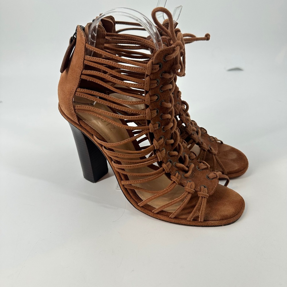 Schutz Brady Suede Leather Cage Lace Up Stacked High Heel Sandals Saddle 9B - Picture 9 of 10